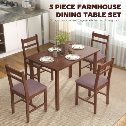 5-Piece Solid Wood Dining Table Set for 4, Farmhouse Kitchen Table with Upholstered Chairs for Dining Room, Light Brown