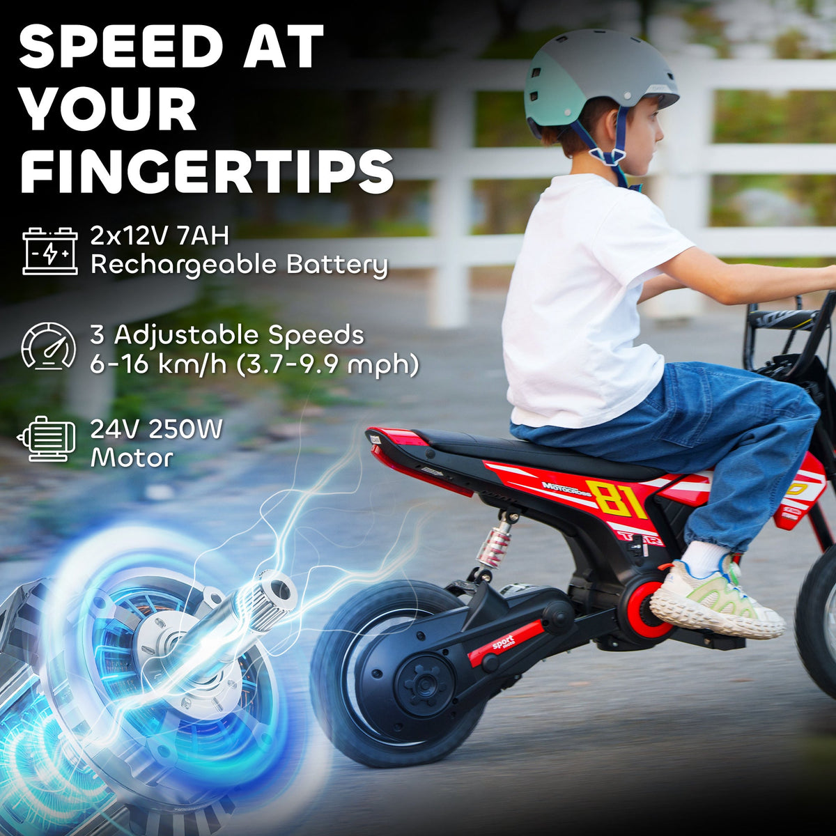24V Kids Motorcycle, Electric Dirt Bike with 250W Motor, Up to 9.9 MPH, 12" Inflatable Tires and Rear Suspension, Red