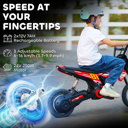24V Kids Motorcycle, Electric Dirt Bike with 250W Motor, Up to 9.9 MPH, 12" Inflatable Tires and Rear Suspension, Red
