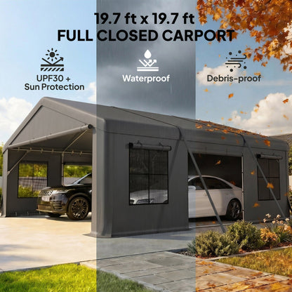 20' x 20' Heavy Duty Carport, Portable Garage Car Canopy Tent Shelter with 3 Roll-up Doors, 4 Windows, Dark Gray