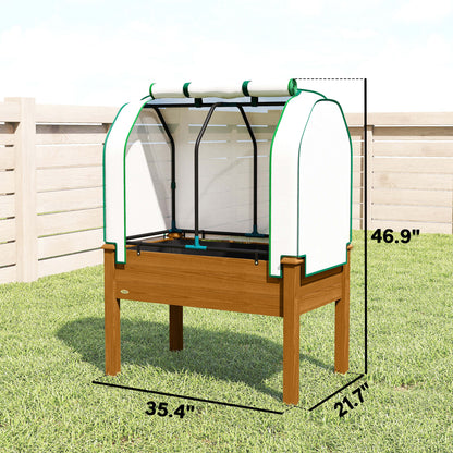 Raised Garden Bed with PE Greenhouse Cover Outdoor Planter Box for Herbs and Vegetables, 35 x 22 x 47 inch, Brown