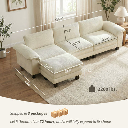 Sectional Sofa, L Shaped Couch with Deep Seat, Movable Ottoman and Pillow-top Armrests, Beige