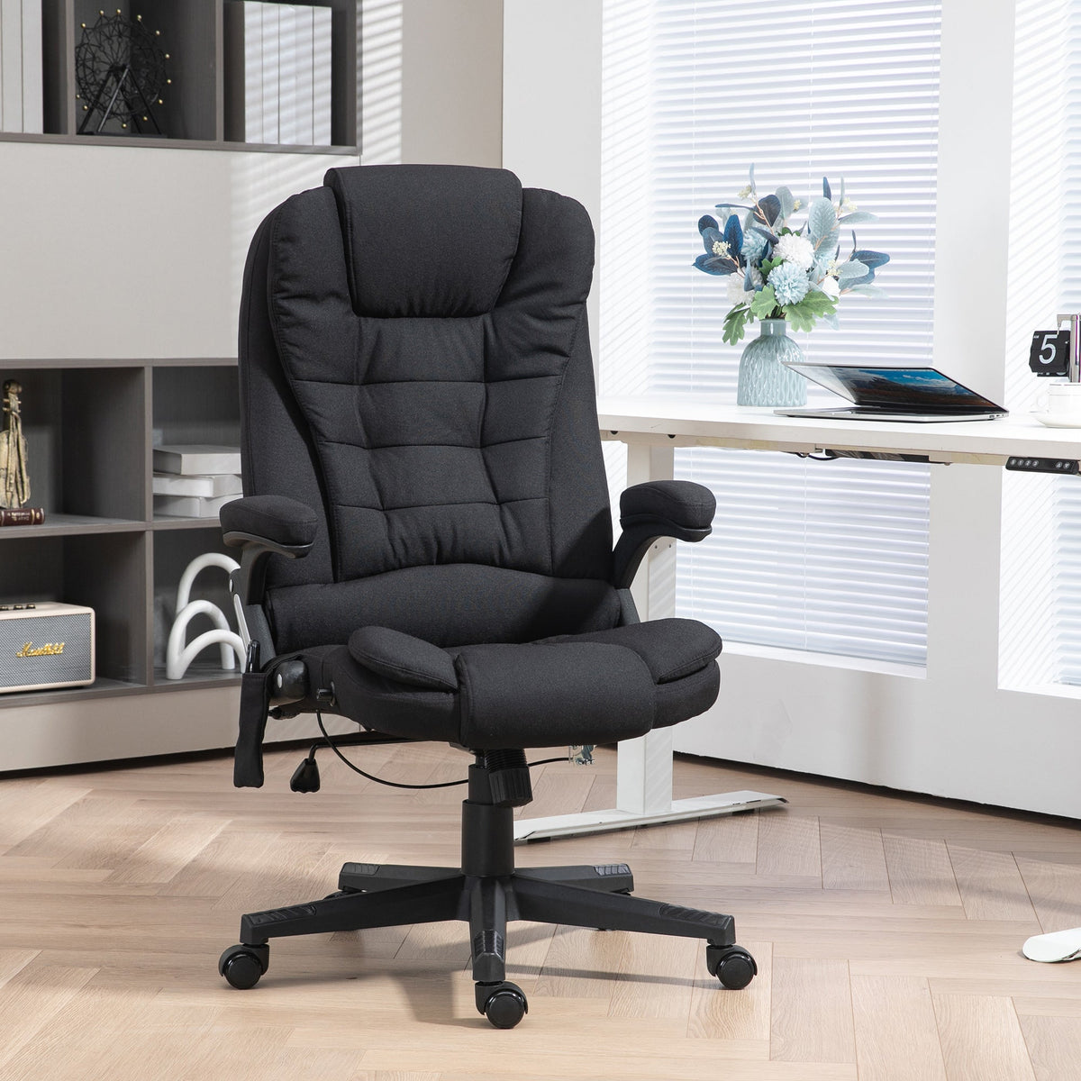 6 Point Vibrating Massage Office Chair with Heat, Linen High Back Massage Desk Chair with Reclining Backrest, Black