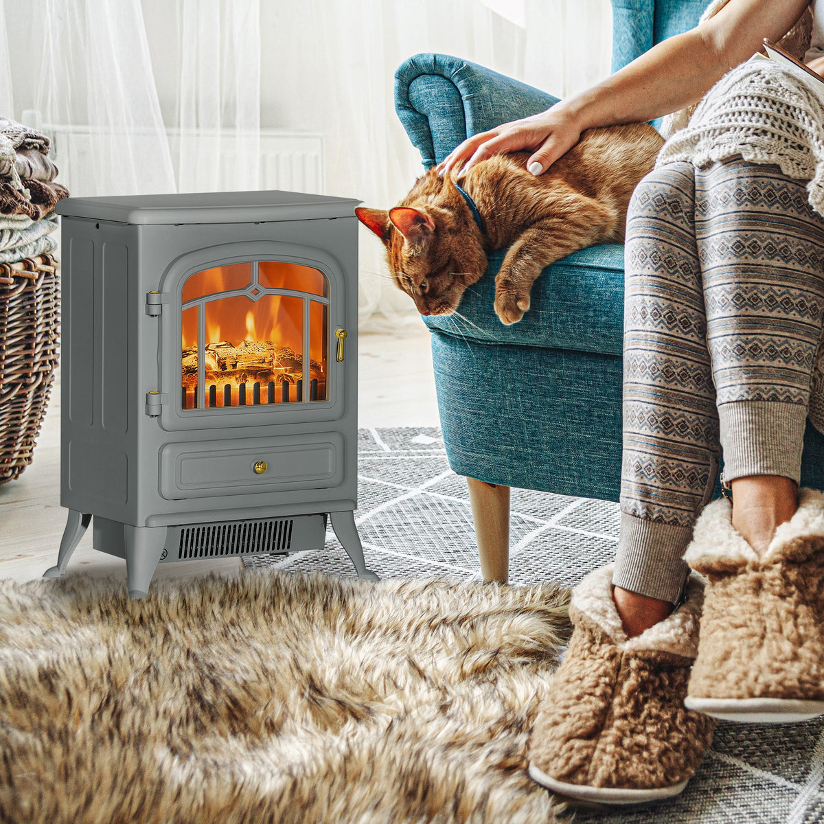 Fireplace Stove, Electric Fireplace Heater with Realistic LED Flames and Logs, 725W/1450W, Gray