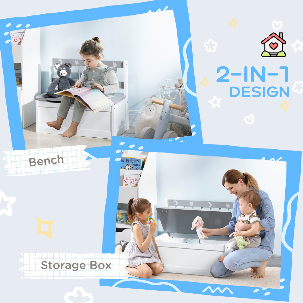 Toddler Toy Box Storage Bench with Large 27 Liter Interior, Kids Storage Bench Seat with Storage, Gray