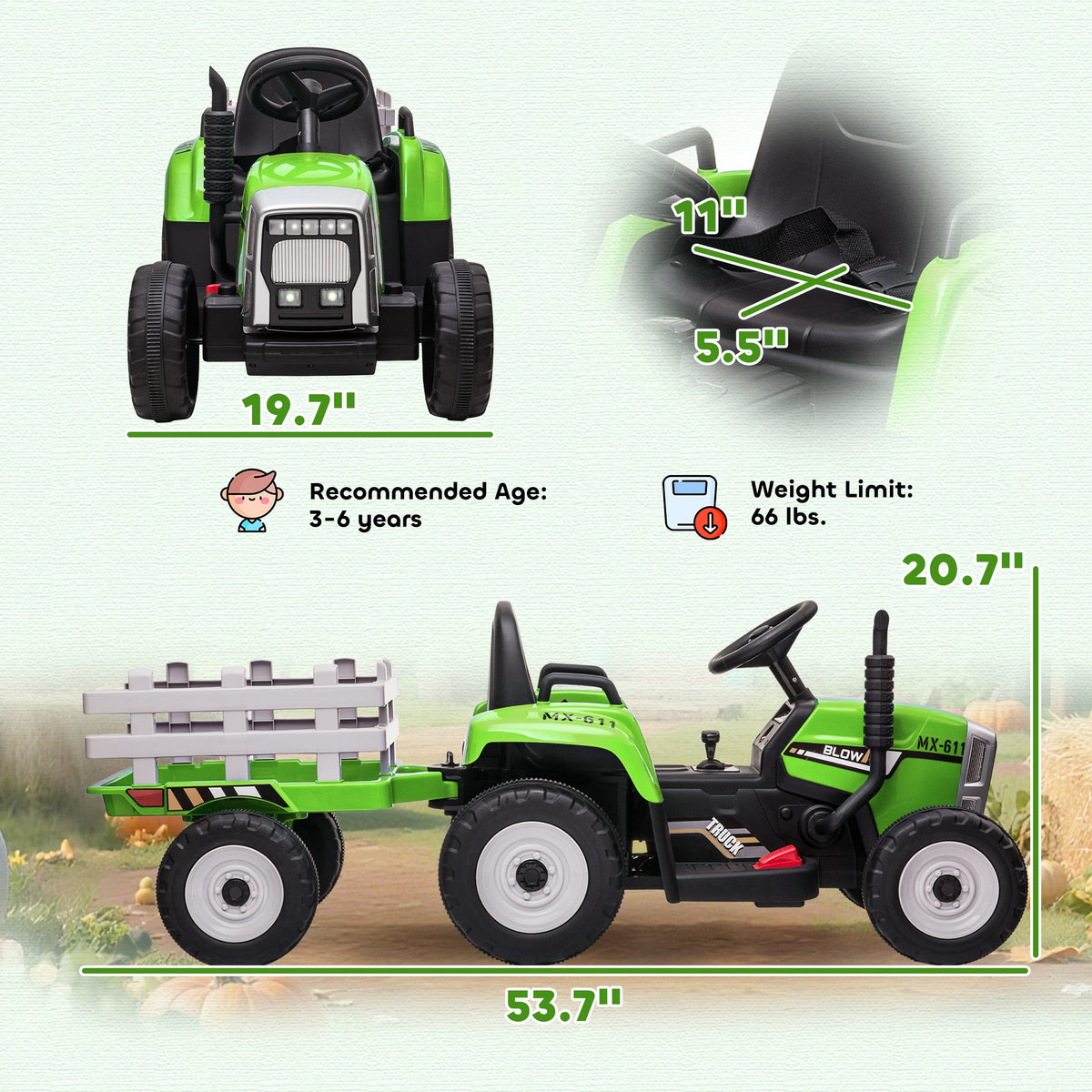 12V Ride on Tractor with Trailer, 25W Dual Motors, Battery Powered Electric Tractor with Remote Control, Green