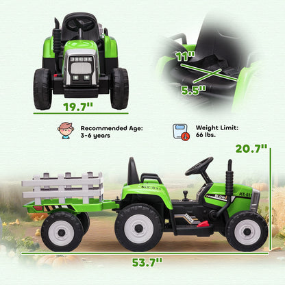 12V Ride on Tractor with Trailer, 25W Dual Motors, Battery Powered Electric Tractor with Remote Control, Green
