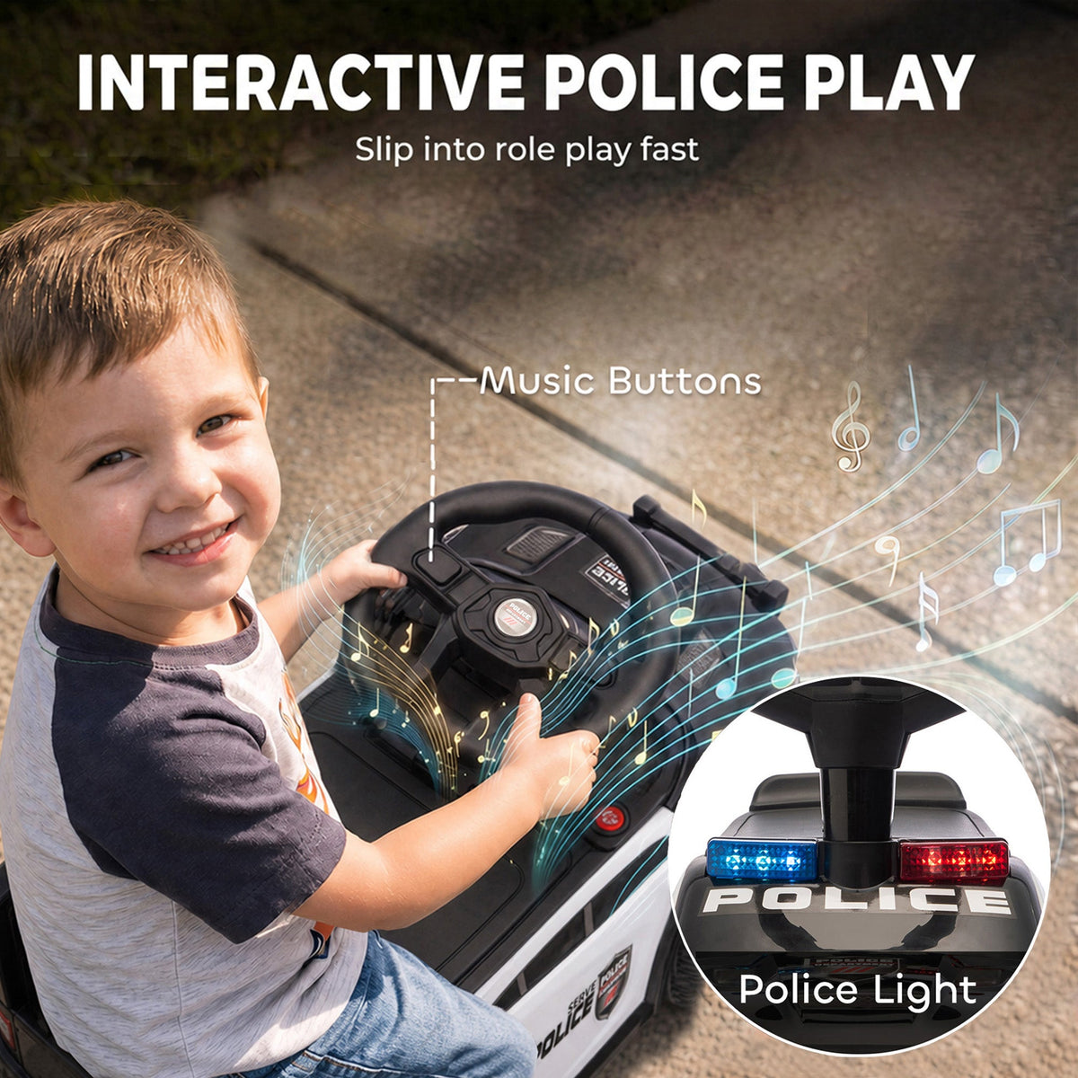 Toddler Push Car, Police Car Styling, Ride on Toys with Under-Seat Storage and Anti Tip Device, for 18-36 Months, Black