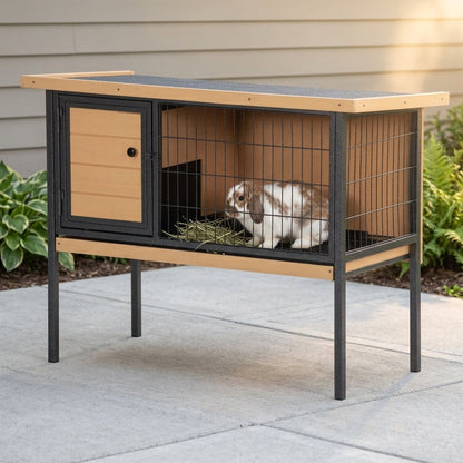 Rabbit Hutch Elevated Bunny Cage Small Animal Habitat with Metal Frame, No Leak Tray, Metal Wire Pan