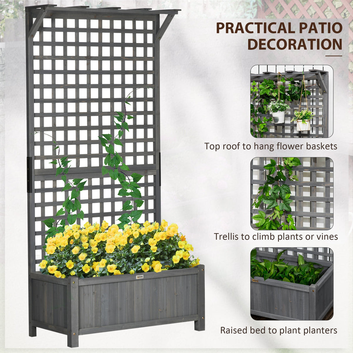 Wood Planter with Trellis for Vine Climbing, Raised Garden Bed, Privacy Screen for Backyard, Patio, Dark Gray