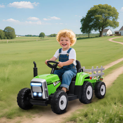 12V Ride on Tractor with Trailer, 25W Dual Motors, Battery Powered Electric Tractor with Remote Control, Green