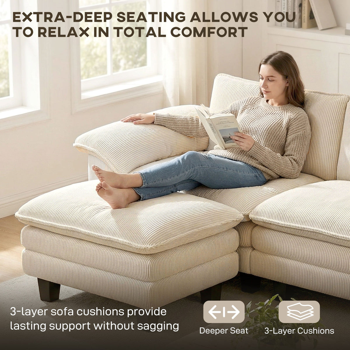 Sectional Sofa, L Shaped Couch with Deep Seat, Movable Ottoman and Pillow-top Armrests, Beige