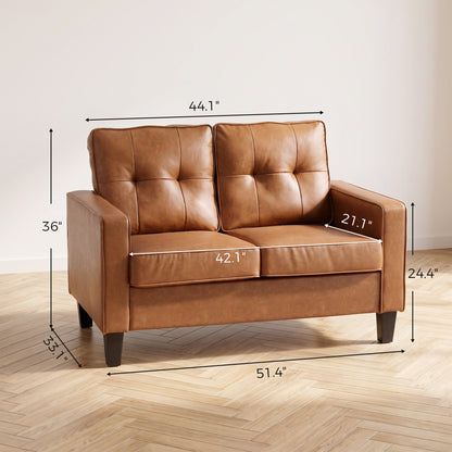 51" Wide Loveseat with Armrest, 2-Seater Tufted PU Leather Double Sofa, Brown
