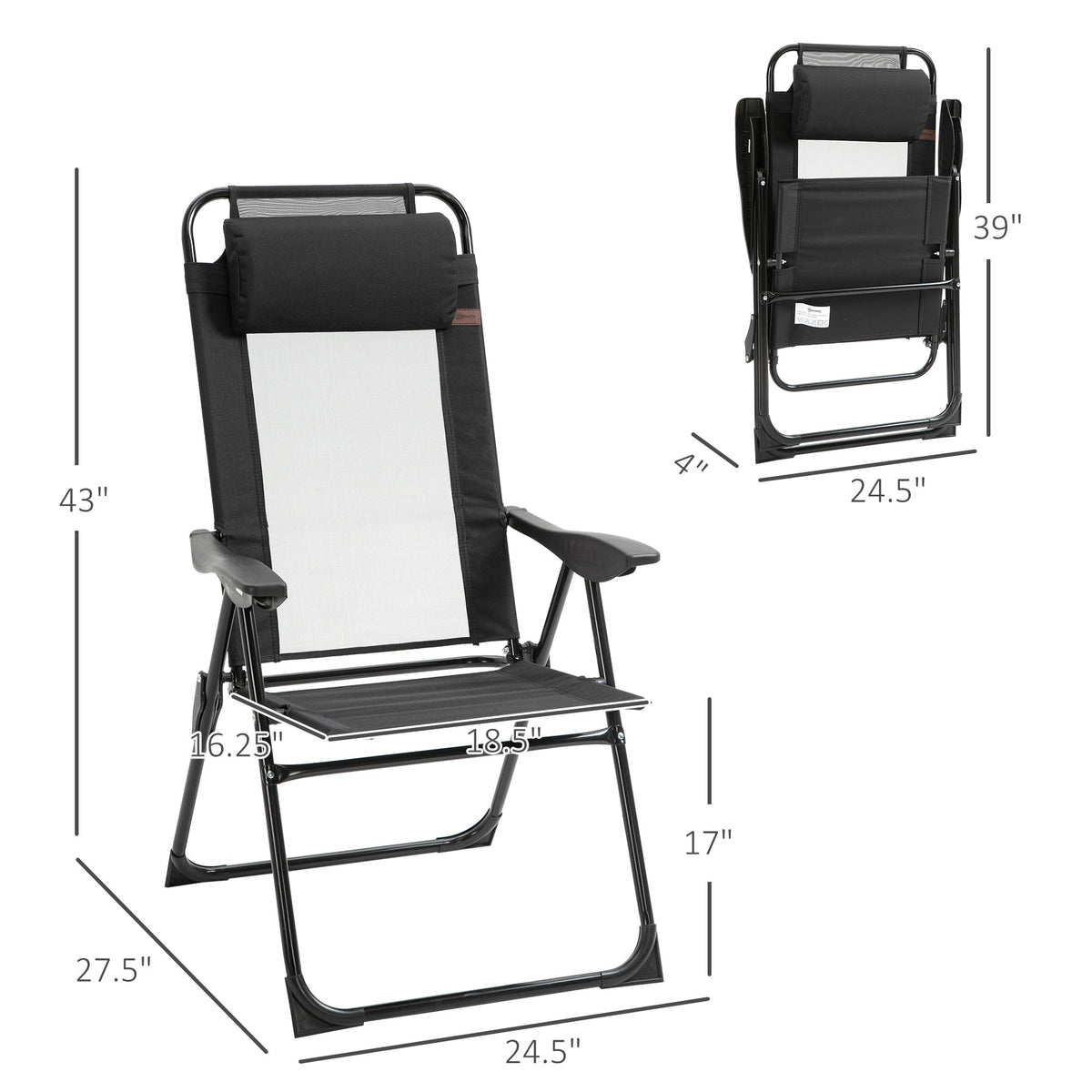 Folding Patio Dining Chairs Set of 2, Outdoor Deck Chair with Adjustable Sling Back, Camping Chair with Removable Headrest for Garden, Backyard, Lawn, Black