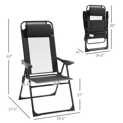 Folding Patio Dining Chairs Set of 2, Outdoor Deck Chair with Adjustable Sling Back, Camping Chair with Removable Headrest for Garden, Backyard, Lawn, Black