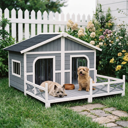 Dog House Outdoor, Wooden Dog Kennel Weatherproof with Porch, Openable Roof, Removable Bottom, Elevated Floor, Double Room for 2 Small to Medium Breeds, Gray