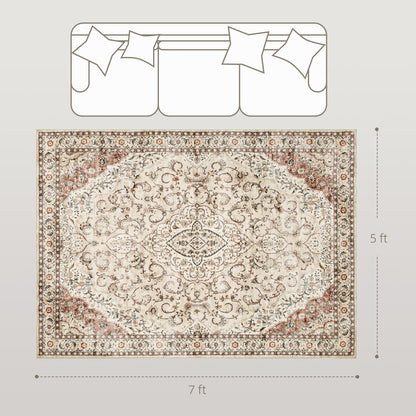Area Rug 5x7, Machine Washable Rug, Non-Slip Classical Floral Print Floor Carpet for Living Room, Bedroom, Mixed-Brown