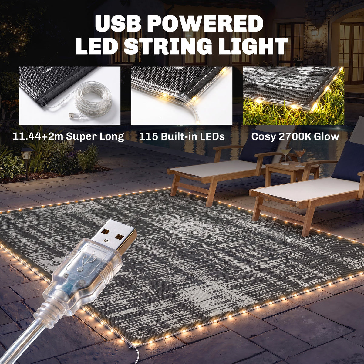 Reversible Outdoor Rug Carpet with LED Lights, Carry Bag & Ground Stakes for Backyard, Deck, Picnic, Beach, 10' x 8'