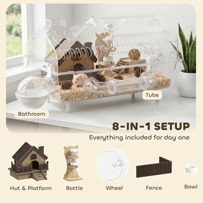 Hamster Cage with Large Wheel & Hideout, Small Animal Habitat with Accessories, Clear Pet House, 21.5" x 11.8" x 12.6",