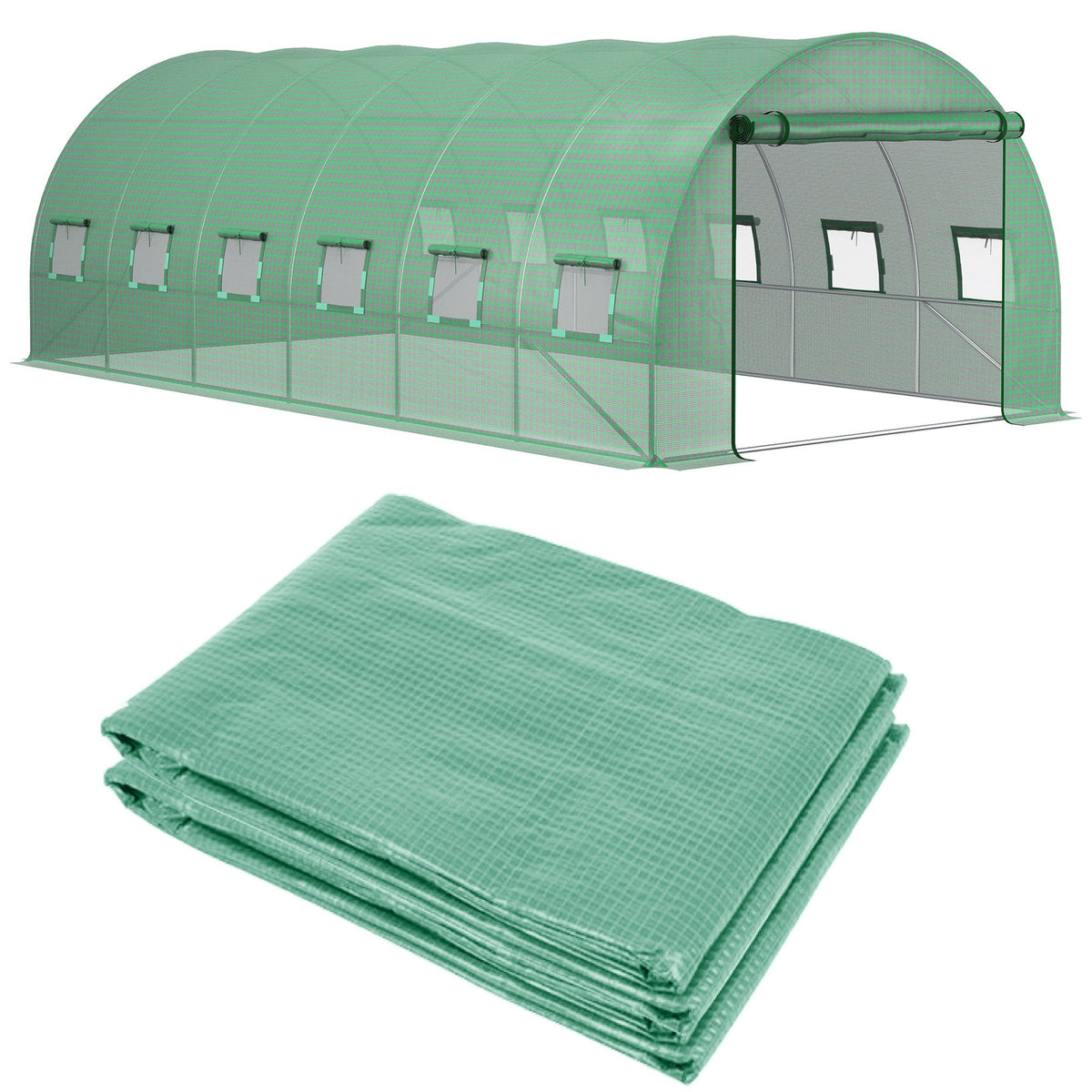 19.7' x 9.8' x 6.6' Plastic Greenhouse Cover Replacement, Heavy Duty Waterproof Tarp for Hoop House, Sheeting with 12 Windows, Door & Reinforcement Grid, Green
