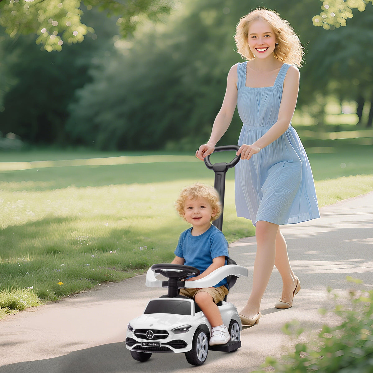 Mercedes-Benz C-Class Licensed Ride-On Push Car, Baby Stroller Walking Car with Parent Control Handle, Horn, White