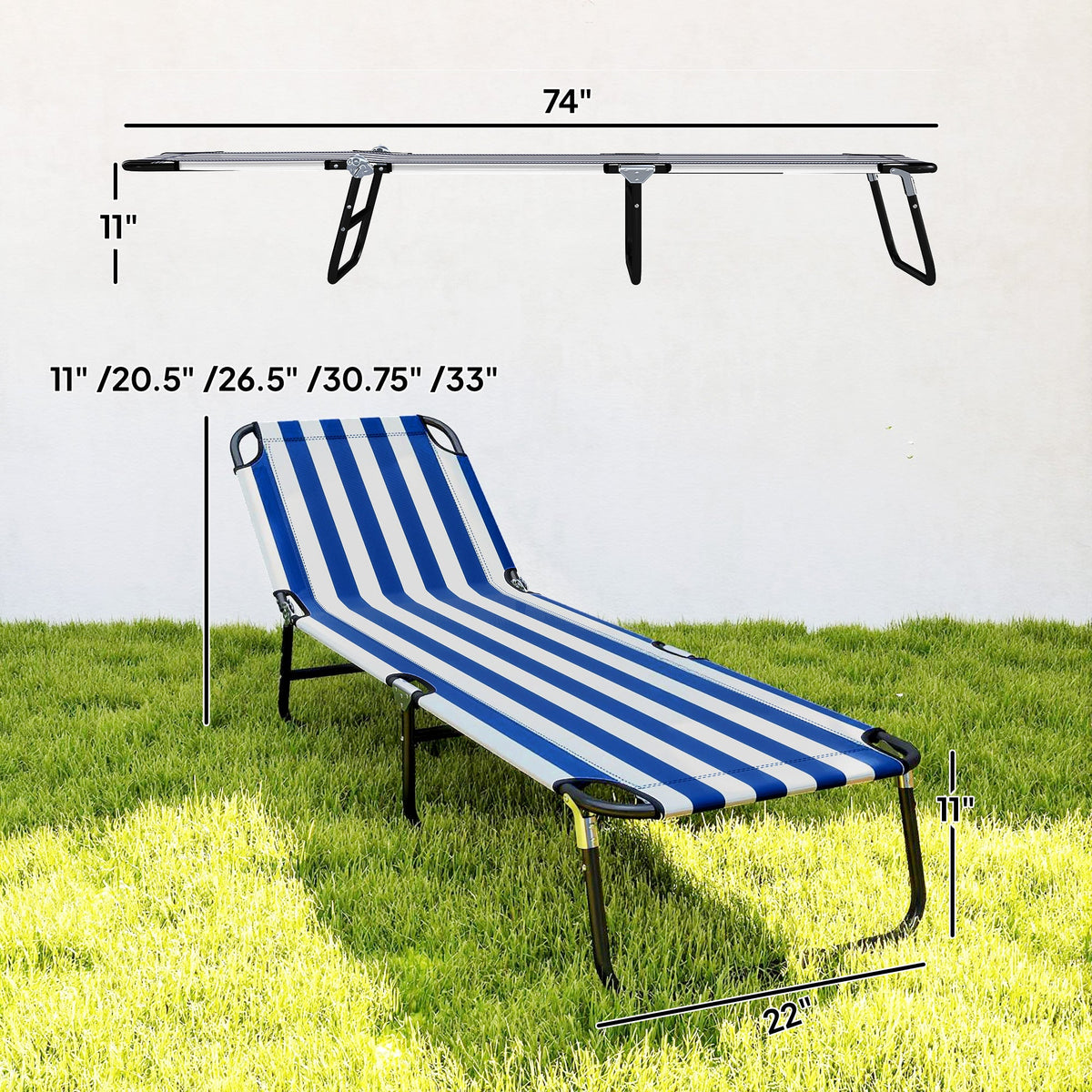 Portable Folding Adjustable Sun Beach Lounger / Camping Cot - Blue and White