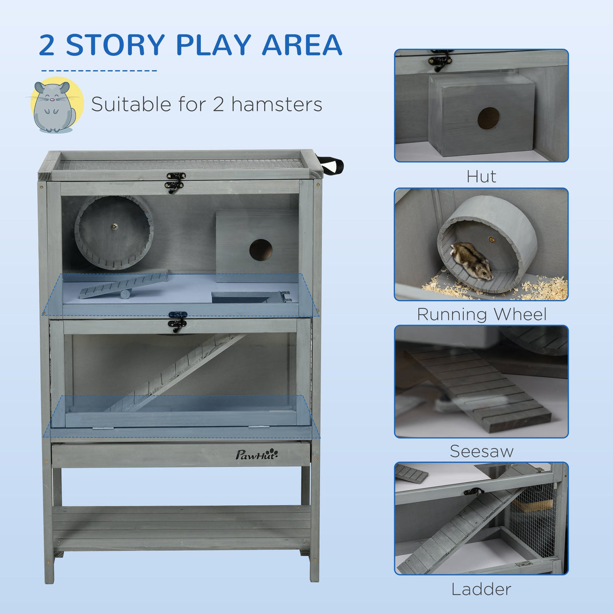 Wooden Hamster Cage with Storage Shelf, Large Rat Mouse Habitat Including Seesaw, Small Animal Cage with Sliding Tray