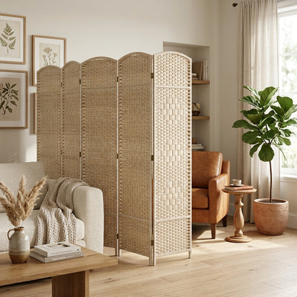 Folding Room Divider Screen 6 Panel 6' Tall Privacy Screen Freestanding Wood Partition for Home Office, Washed Oak