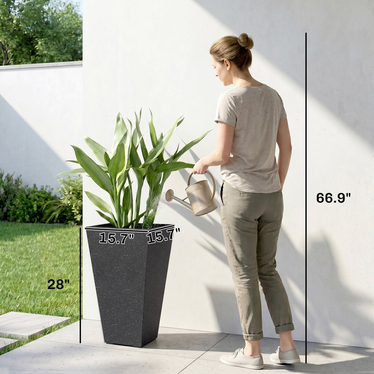 28" Tall Planters, Set of 3 Plastic Flower Pots with Marble Finish and Drainage Holes, Stackable Taper Planters, Black