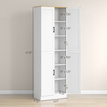 Freestanding Kitchen Pantry, 4-Door Kitchen Pantry Cabinet with Adjustable Shelves and Doors, Distressed White
