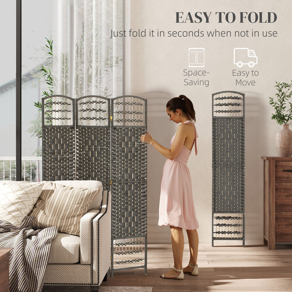 3 Panel Folding Room Divider Portable Privacy Screen Wave Fiber Room Partition for Home Office Dark Gray
