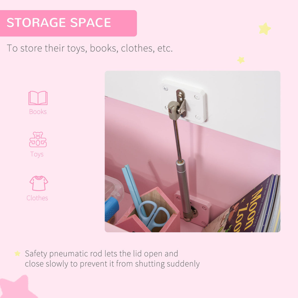 Toy Box Chest, Kids Storage Bench with Large 27 L Interior, Toy Organizer with Top Lid, and Backrest, Pink