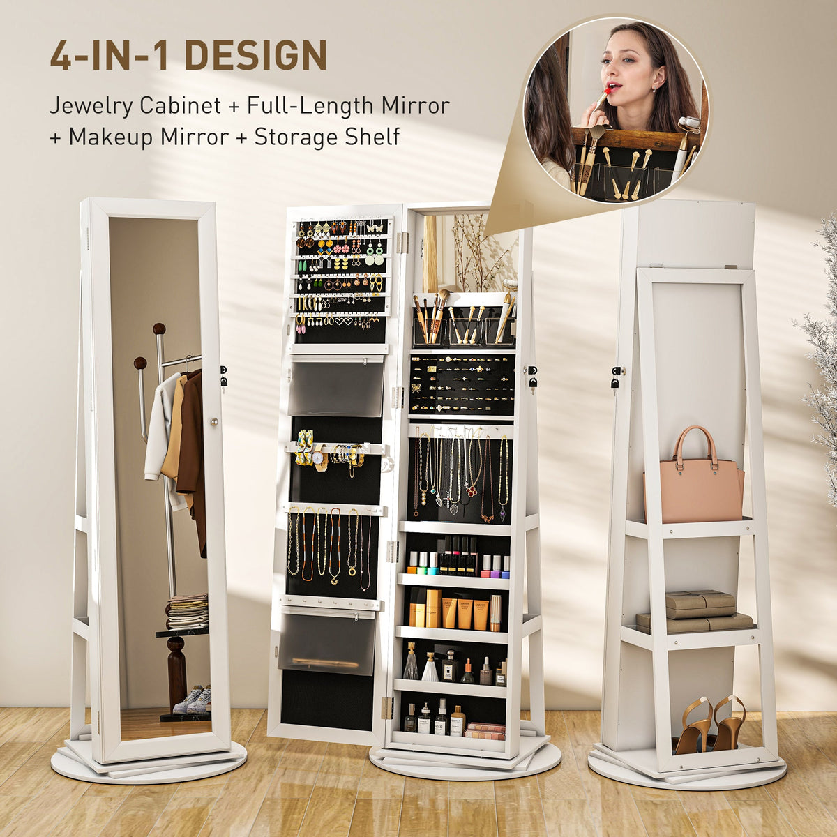 360° Swivel Jewelry Armoire, Lockable Jewelry Cabinet with Full-Length Mirror, Storage Shelves, White