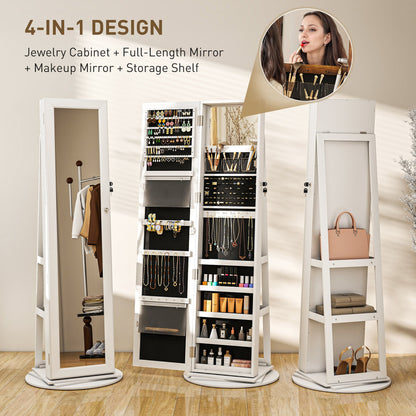360° Swivel Jewelry Armoire, Lockable Jewelry Cabinet with Full-Length Mirror, Storage Shelves, White