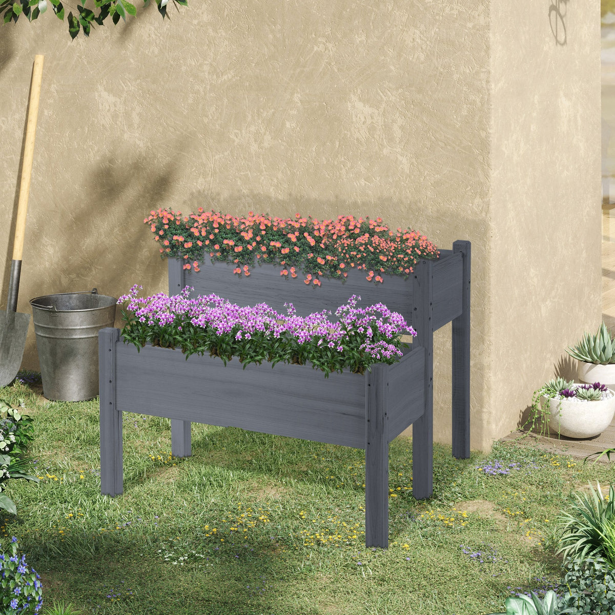 34"x34"x28" Raised Garden Bed 2-Tier Wooden Planter Box for Backyard, Patio to Grow Vegetables, Herbs and Flowers, Gray