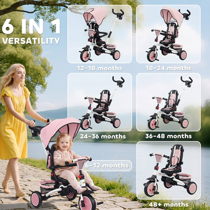 6 in 1 Kids Tricycle with Adjustable Push Handle, Removable Canopy, Reversible Seat, for 1-5 Years, Pink