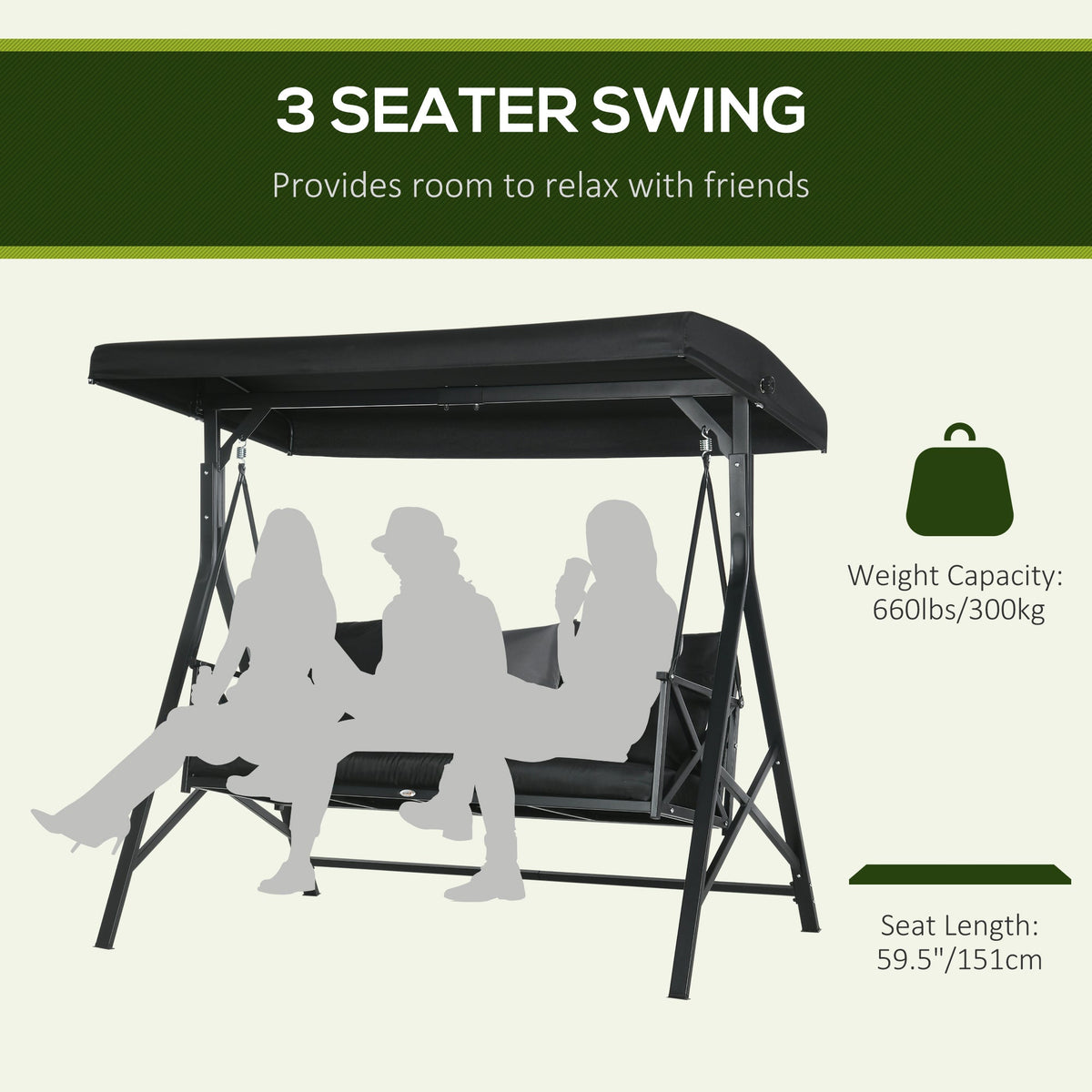 3-Seat Patio Swing Chair, Porch Swing Glider with Cushion, 3 Throw Pillows & Adjustable Canopy, Black