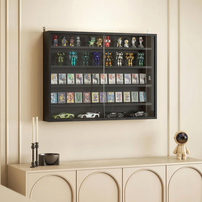 5-Tier Display Cabinet, Wall-Mounted Display Case with 2 Glass Doors and Adjustable Shelves, Jet Black