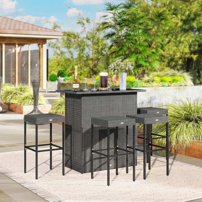 5 Piece Rattan Wicker Bar Set, High Top Outdoor Table and Chairs, Bar Height Patio Set, 2 Shelves & 4 Bar Stools, Gray