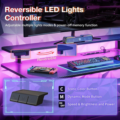 32 Inch Small Gaming Desk with LED Lights & Power Outlets, Computer Desk Gaming Table with Monitor Shelf, Gamer Desk with Carbon Fiber Texture, Kids Boys Desk Gift for Men
