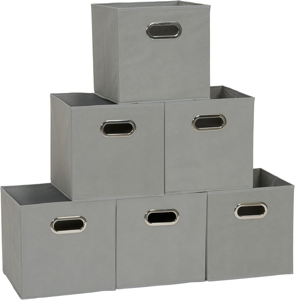 Fabric Storage Bins 6 Piece Set, Strong Poly-Woven Fabric, Sturdy Chipboard Sides, Grommet Front Handle, Stackable and Foldable, Classic Design, Dove Gray