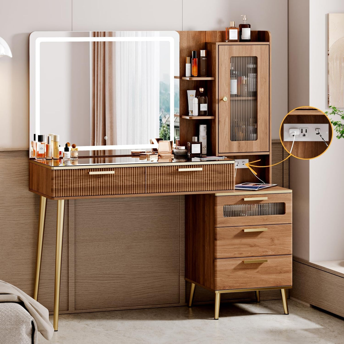 Vanity Desk with 29.53" HD Lighted Mirror, 47.24" Big Modern Vanity Desk with Mirror and Lights, Makeup Vanity with 5 Drawers and Storage Shelves and Charging Station, Brown