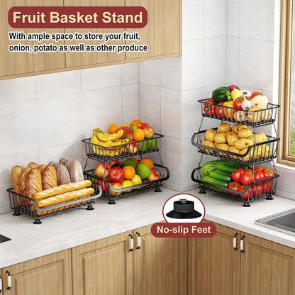 3-Tier Rolling Pantry Cart with Wheels, Stackable Wire Storage Floor Organizer for Kitchen Pantry Snack Shelves, Fruit Basket Stand, Vegetable Storage Rack for Food Snacks Onion Potato, Black, 2 Pack