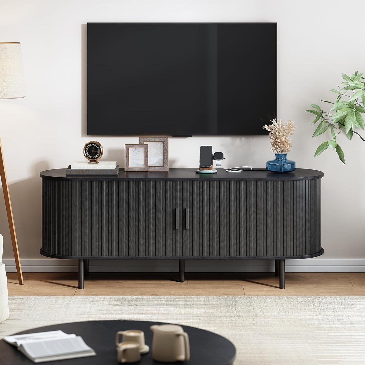 63" TV Stand with Power Outlet, Modern Media Console with Sliding Doors, Entertainment Center for Tvs up to 60 Inch, Adjustable Shelves, Black