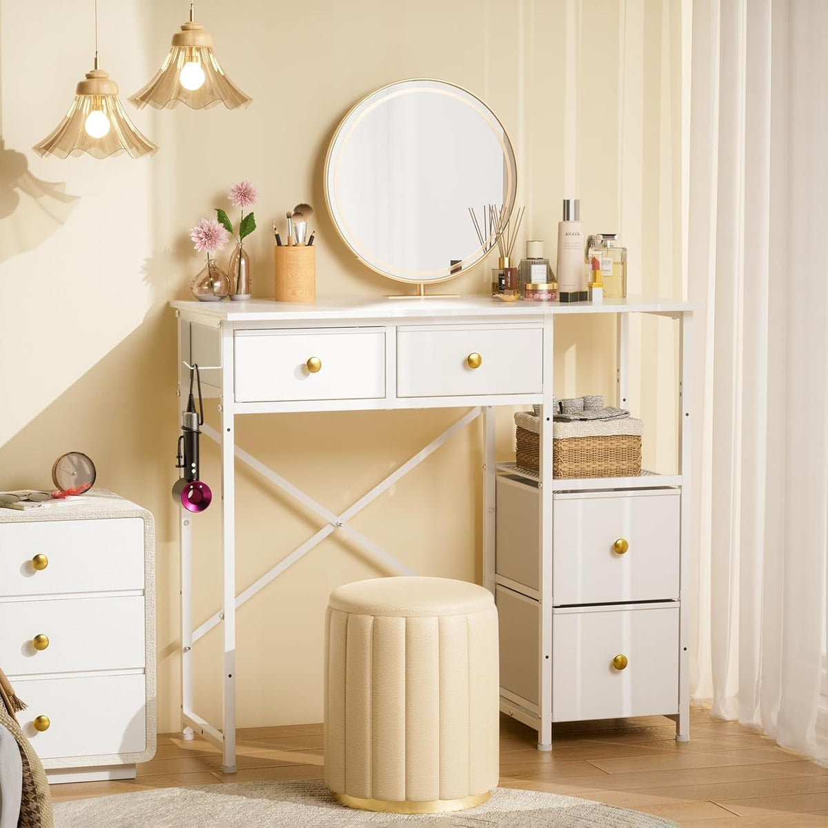 White Vanity Desk without Mirror, Small Makeup Desk with 4 Fabric Drawers, 33.5 Inches Dressing Table with Storage, Vanity Table for Bedroom with Hook, White