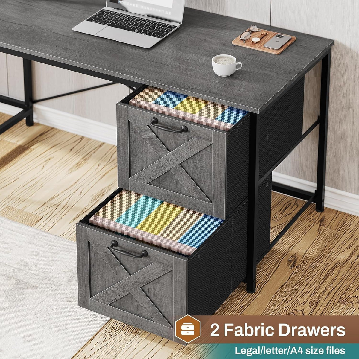 L Shaped Gaming Desk, Reversible Computer Desk with Fabric Drawers and Power Outlet, Gaming Desk with Led Lights, Hutch and Storage Shelf for Home Office, Grey