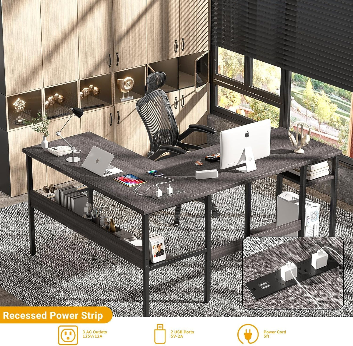 Reversible L Shaped Desk with Magic Power Outlets and USB Charging Ports, Sturdy Corner Computer Desk with Storage Shelves, Gaming Desk for Home Office, Easy to Assemble, Black Oak
