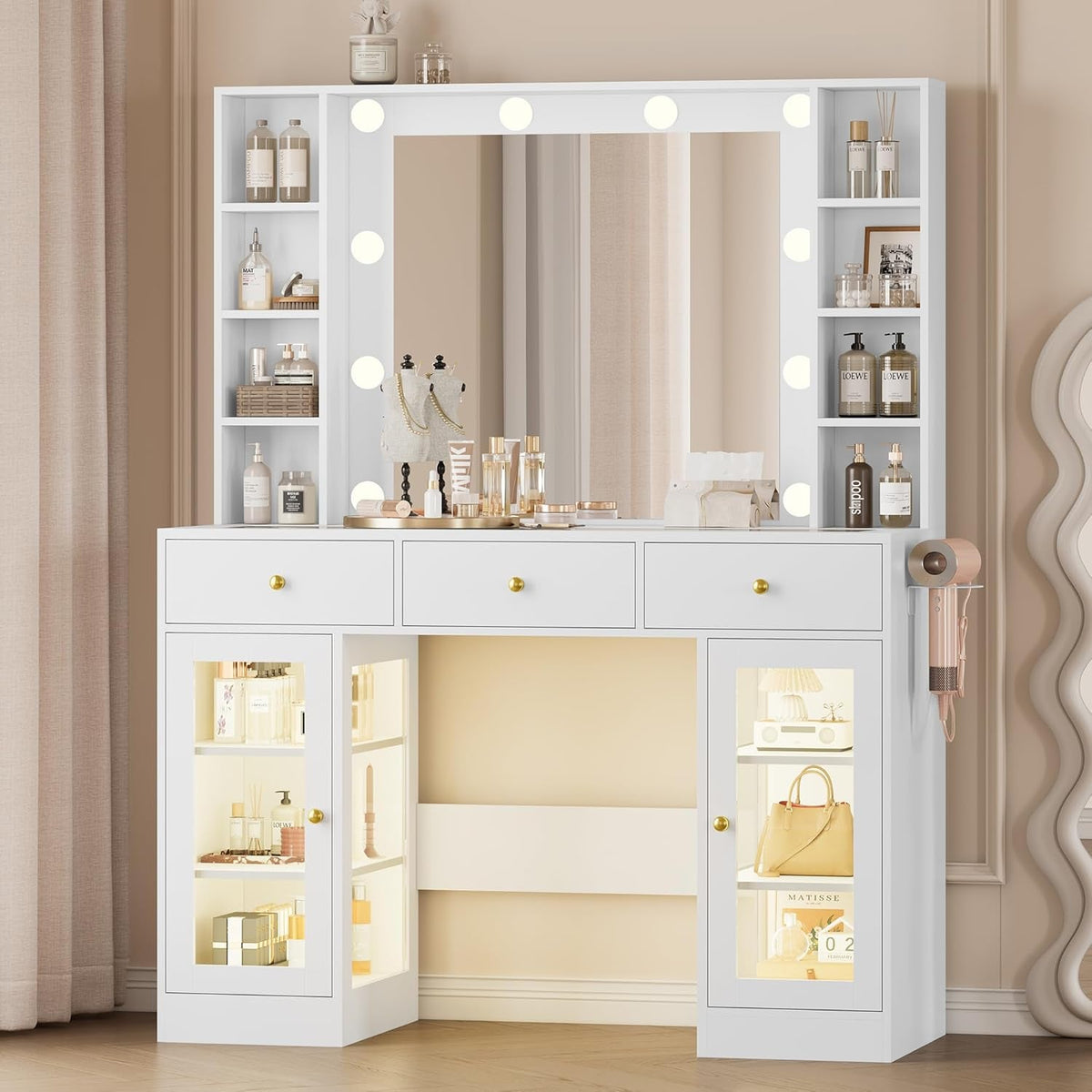 Makeup Vanity Desk with Mirror and Lights, White Vanity with Glass Top, LED Lights & Power Outlet, 3 Drawers & 2 RGB Glass Cabinets, Adjustable Lighted Dressing Table for Women & Girls Bedroom