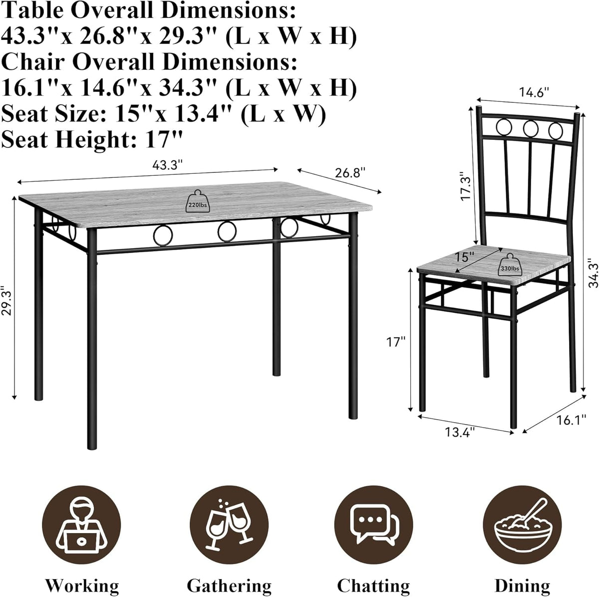 5 Piece Dining Table Set with 1.6" Thick Desktop, Modern Metal&Wood Kitchen Dinner Table with 4 Chairs, Dining Room Table Sets for Small Spaces, Brown