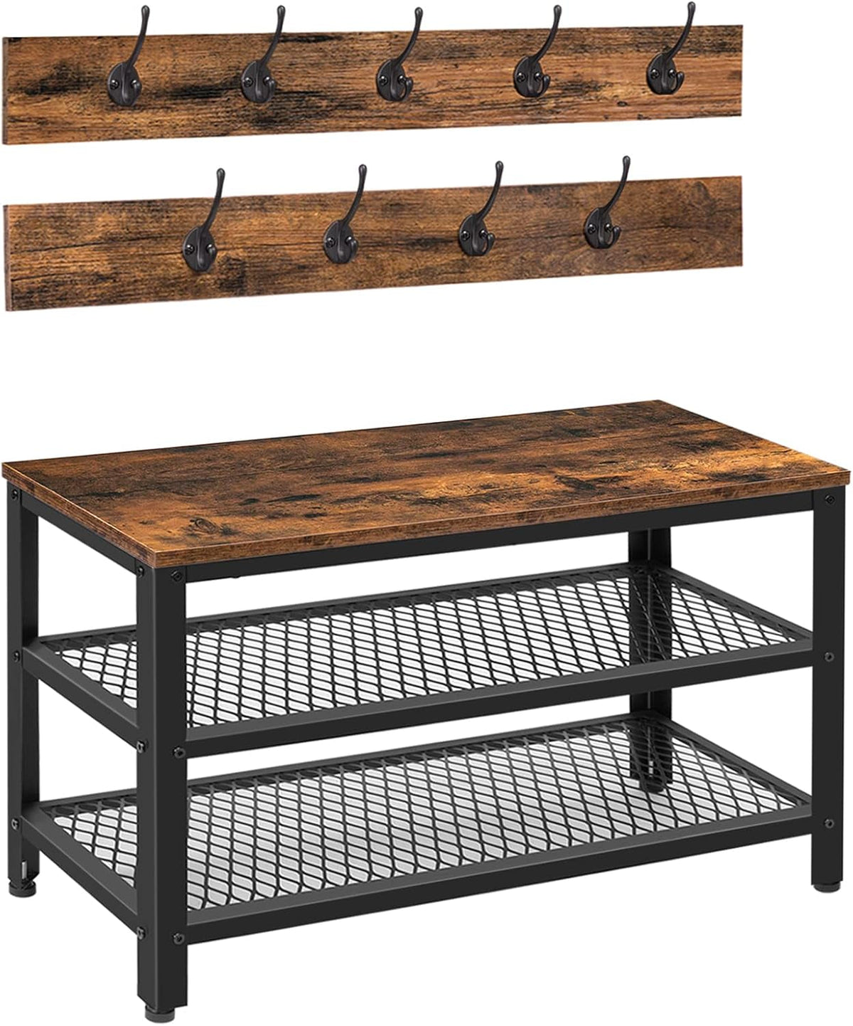 Hall Tree Entryway Storage Bench, Coat Rack Shoe Bench, Shoe Rack Organizer with Coat Hooks, 3-In-1 Design, Wooden Furniture with Metal Frame, Rustic Brown and Black BF17MT01